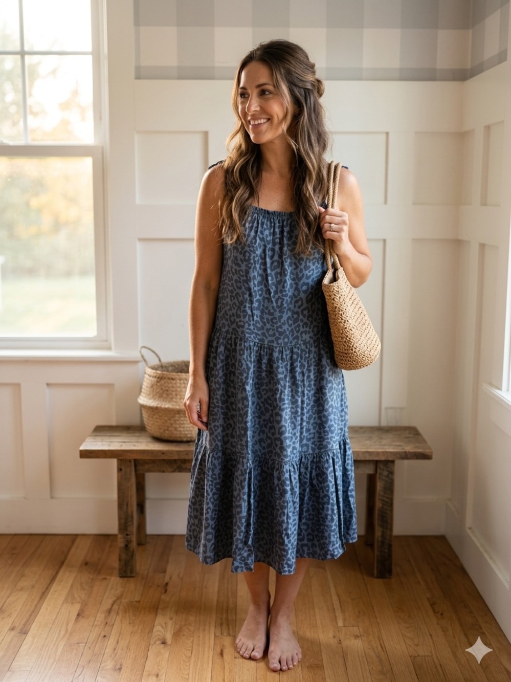 Italian Tiered Sleeveless Midi Dress in Slate Blue Leopard Large